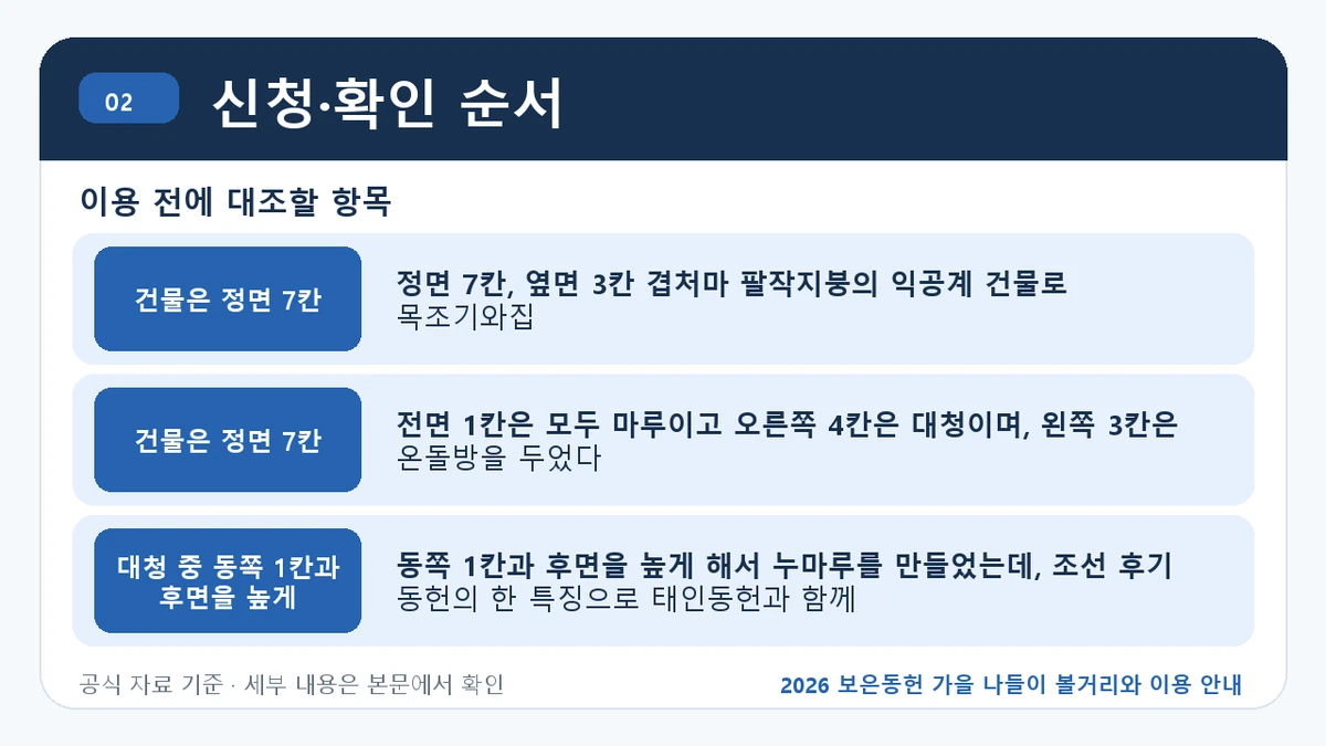 2026 보은동헌 가을 나들이 볼거리와 이용 안내 신청·확인 순서 핵심 정보를 정리한 안내 이미지
