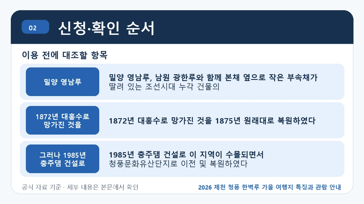 2026 제천 청풍 한벽루 가을 여행지 특징과 관람 안내 신청·확인 순서 핵심 정보를 정리한 안내 이미지