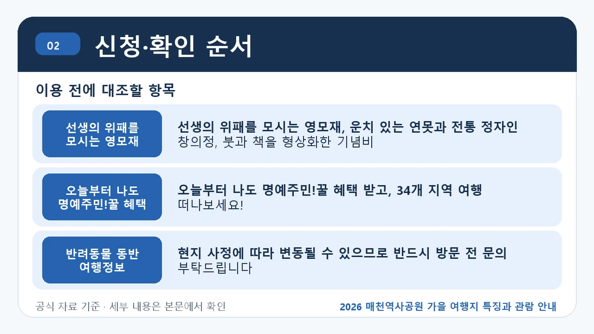 2026 매천역사공원 가을 여행지 특징과 관람 안내 신청·확인 순서 핵심 정보를 정리한 안내 이미지