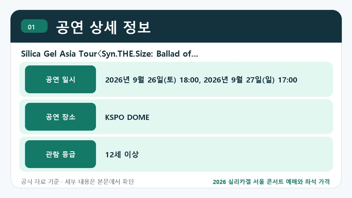 2026 실리카겔 서울 콘서트 예매와 좌석 가격 공연 상세 정보 핵심 정보를 정리한 안내 이미지
