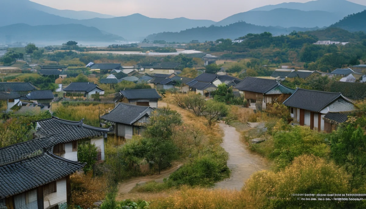 산으로 둘러싸인 한국 시골 마을에 전통 가옥들이 옹기종기 모여 있습니다.