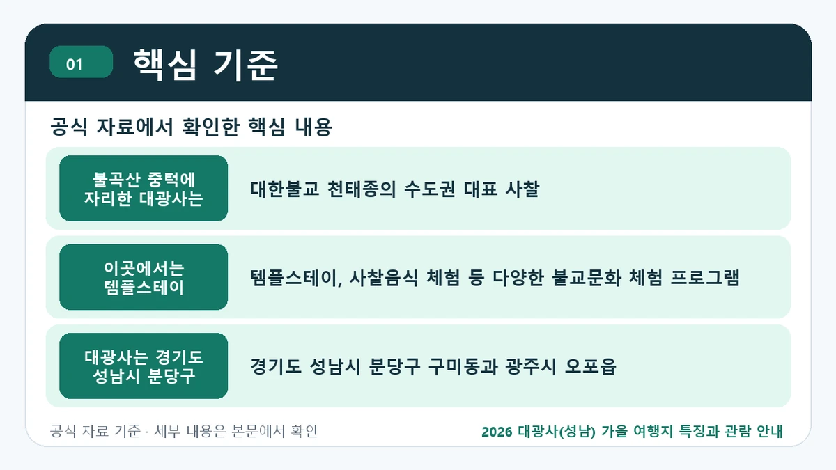 2026 대광사(성남) 가을 여행지 특징과 관람 안내 핵심 기준 핵심 정보를 정리한 안내 이미지