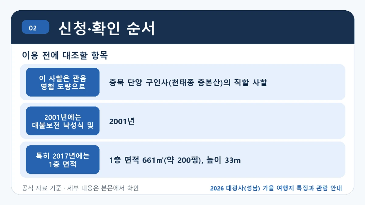 2026 대광사(성남) 가을 여행지 특징과 관람 안내 신청·확인 순서 핵심 정보를 정리한 안내 이미지