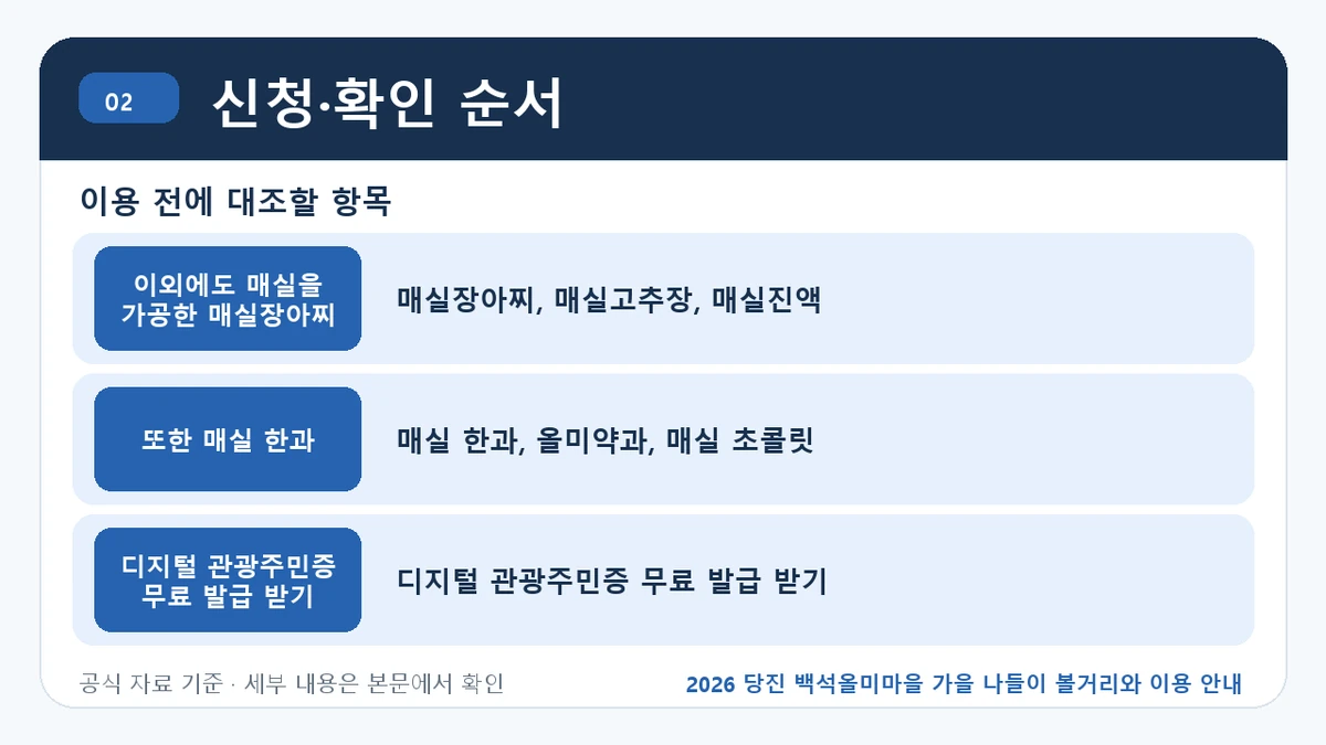 2026 당진 백석올미마을 가을 나들이 볼거리와 이용 안내 신청·확인 순서 핵심 정보를 정리한 안내 이미지