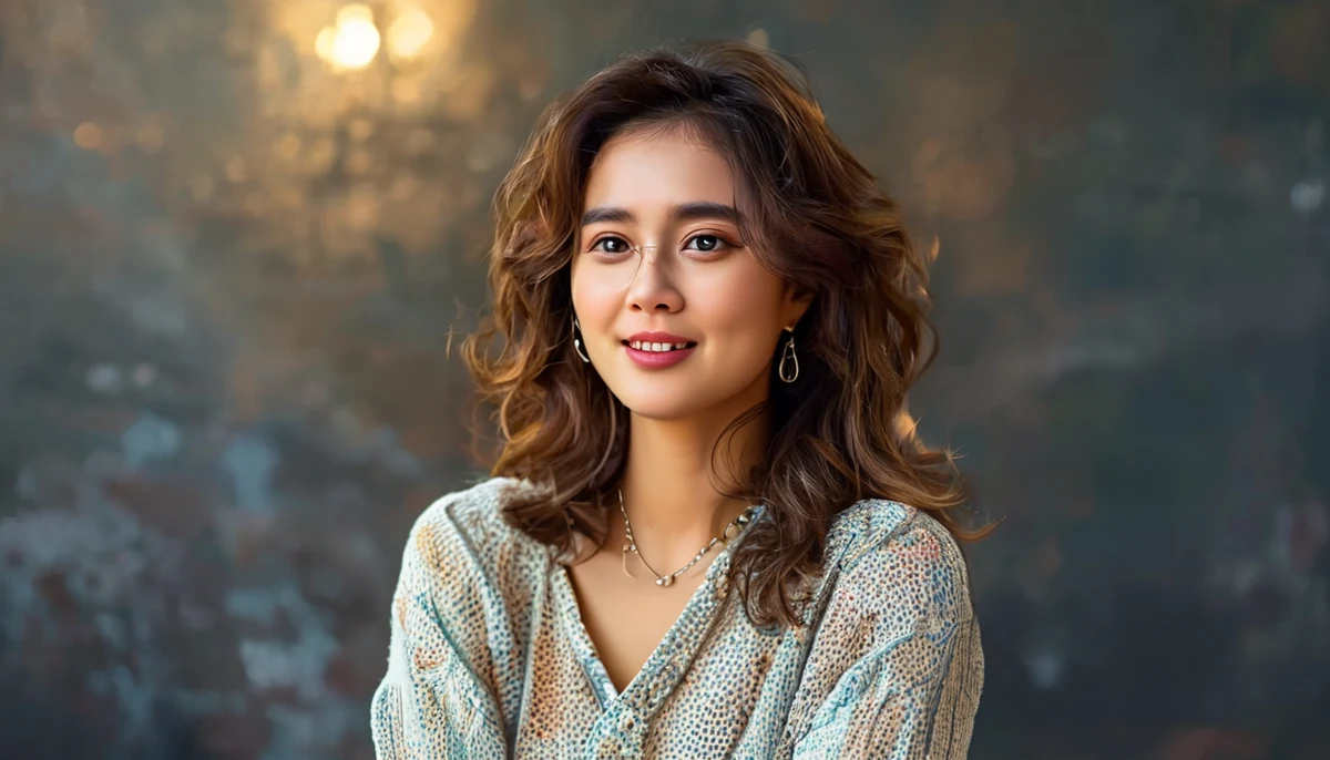 곱슬머리에 옅은 미소를 띤 젊은 여성이 목걸이와 귀걸이를 하고 있다.