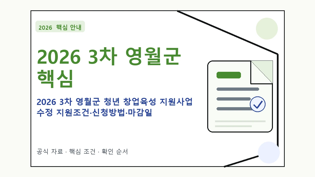 2026 3차 영월군 청년 창업육성 지원사업 수정 지원조건·신청방법·마감일 핵심 기준을 정리한 안내형 대표 이미지