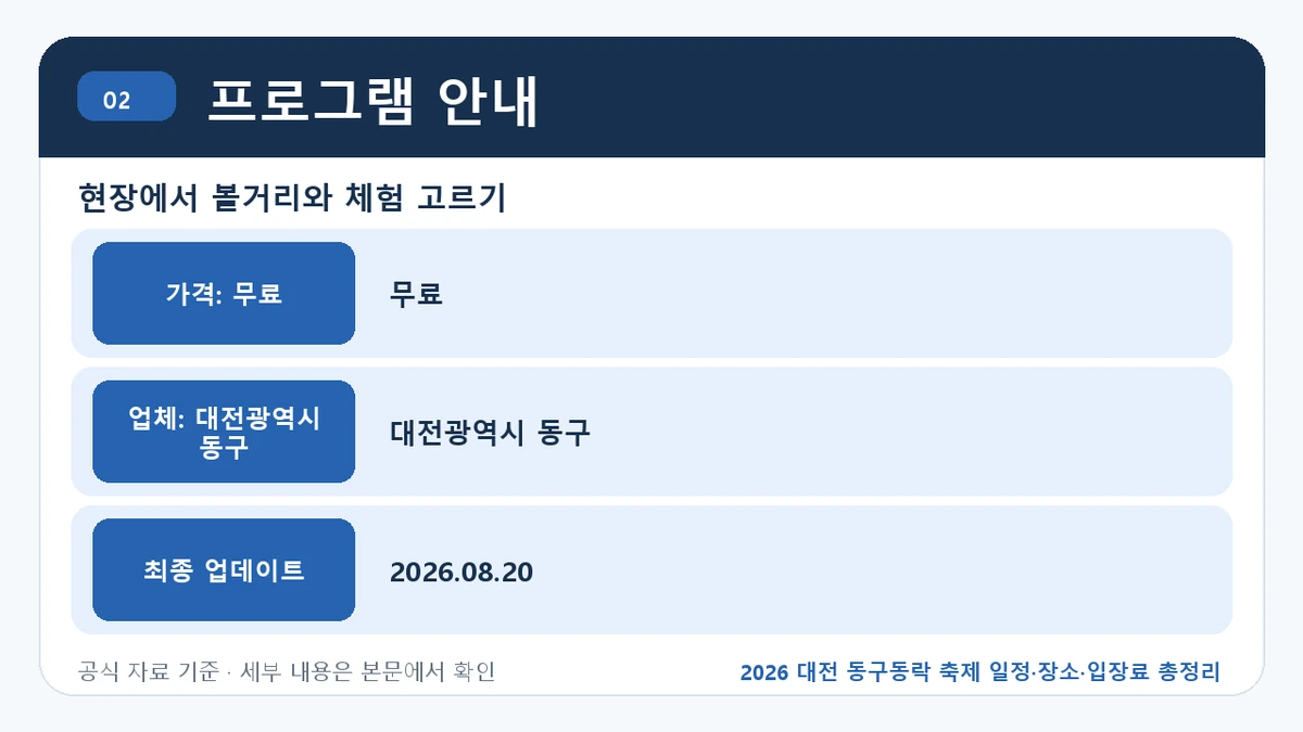 2026 대전 동구동락 축제 일정·장소·입장료 총정리 프로그램 안내 핵심 정보를 정리한 안내 이미지