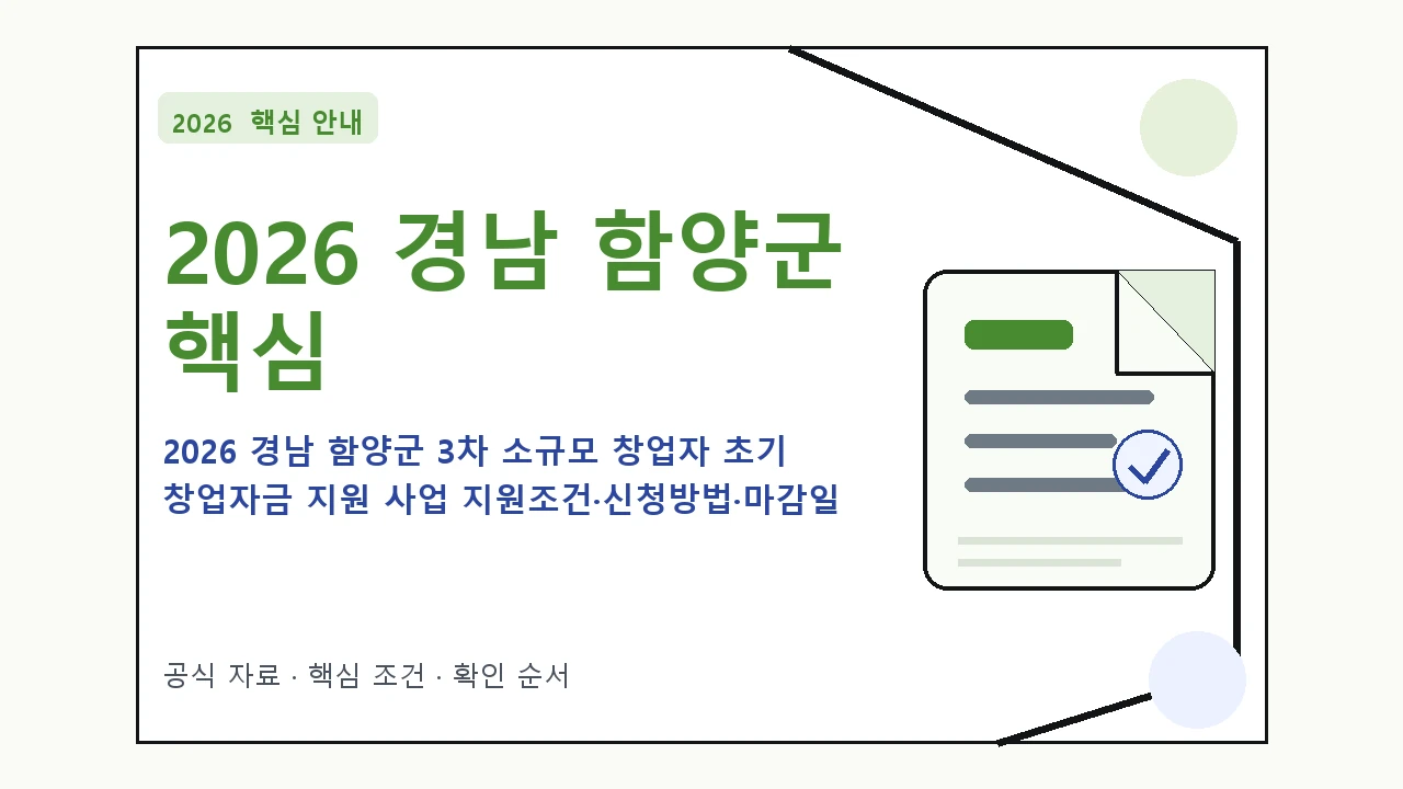 2026 경남 함양군 3차 소규모 창업자 초기 창업자금 지원 사업 지원조건·신청방법·마감일 핵심 기준을 정리한 안내형 대표 이미지