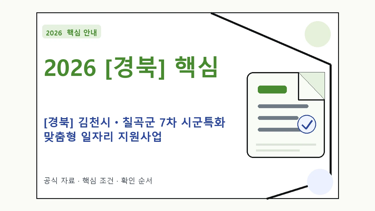 2026 [경북] 김천시ㆍ칠곡군 7차 시군특화 맞춤형 일자리 지원사업 지원조건·신청방법·마감일 핵심 기준을 정리한 안내형 대표 이미지