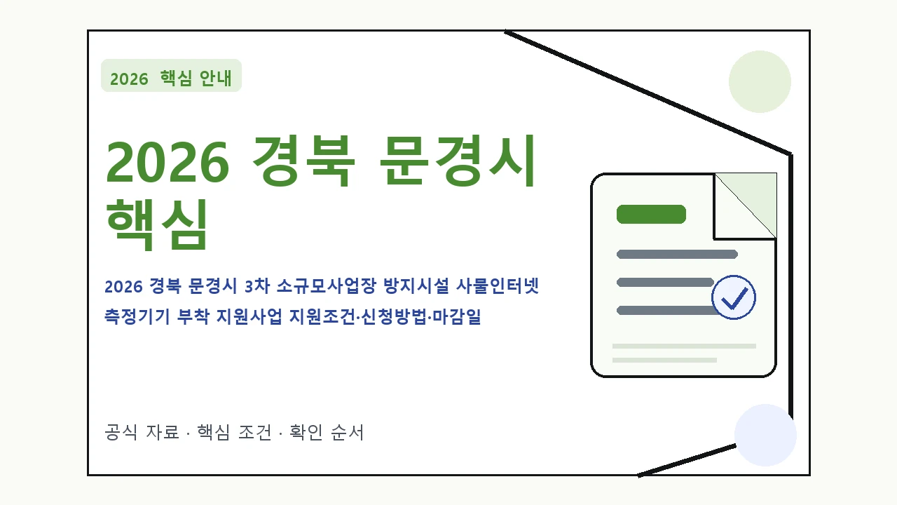 2026 경북 문경시 3차 소규모사업장 방지시설 사물인터넷 측정기기 부착 지원사업 지원조건·신청방법·마감일 핵심 기준을 정리한 안내형 대표 이미지