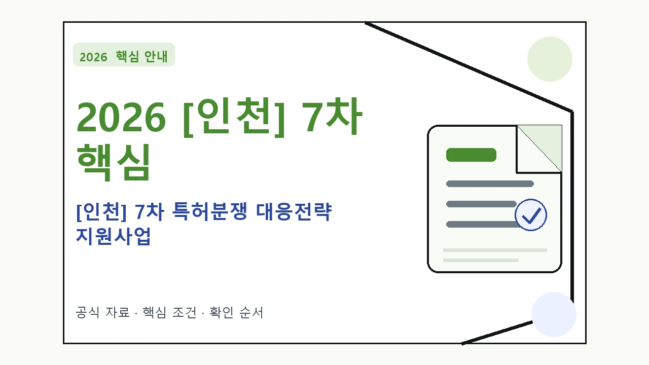 2026 [인천] 7차 특허분쟁 대응전략 지원사업 지원조건·신청방법·마감일 핵심 기준을 정리한 안내형 대표 이미지