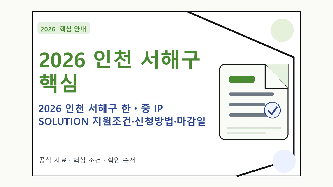 2026 인천 서해구 한ㆍ중 IP SOLUTION 지원조건·신청방법·마감일 핵심 기준을 정리한 안내형 대표 이미지