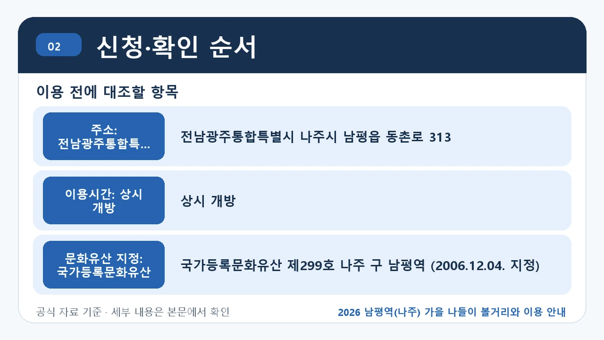 2026 남평역(나주) 가을 나들이 볼거리와 이용 안내 신청·확인 순서 핵심 정보를 정리한 안내 이미지