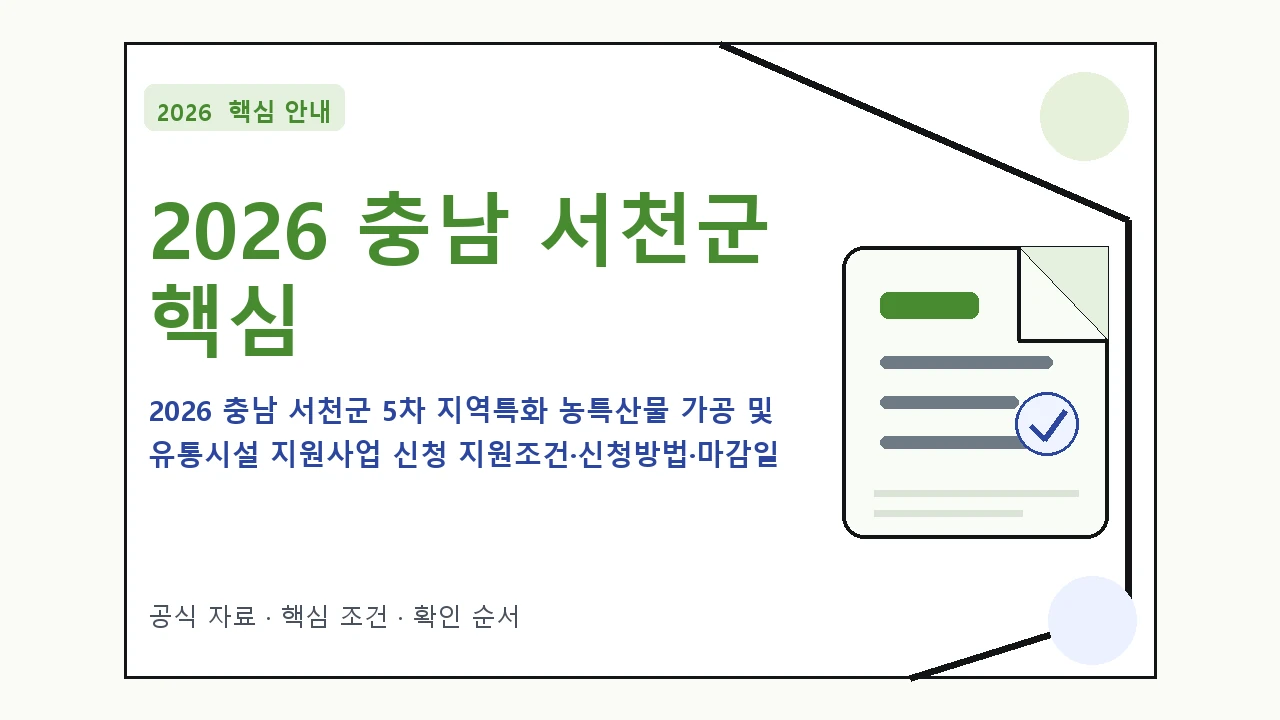 2026 충남 서천군 5차 지역특화 농특산물 가공 및 유통시설 지원사업 신청 지원조건·신청방법·마감일 핵심 기준을 정리한 안내형 대표 이미지