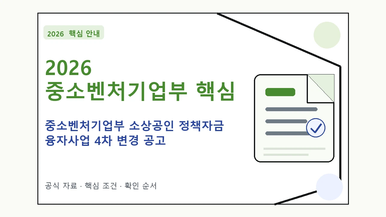 2026 중소벤처기업부 소상공인 정책자금 융자사업 4차 변경 공고 지원조건·신청방법·마감일 핵심 기준을 정리한 안내형 대표 이미지