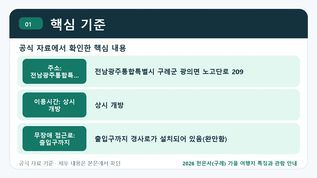 2026 천은사(구례) 가을 여행지 특징과 관람 안내 핵심 기준 핵심 정보를 정리한 안내 이미지