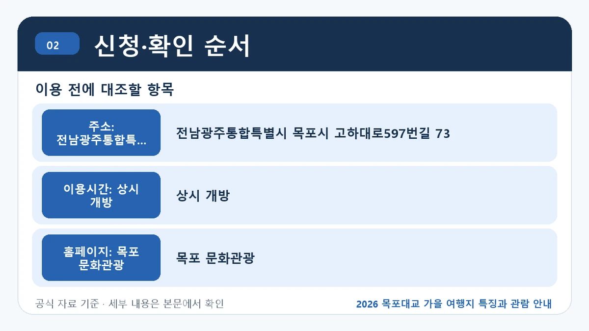 2026 목포대교 가을 여행지 특징과 관람 안내 신청·확인 순서 핵심 정보를 정리한 안내 이미지