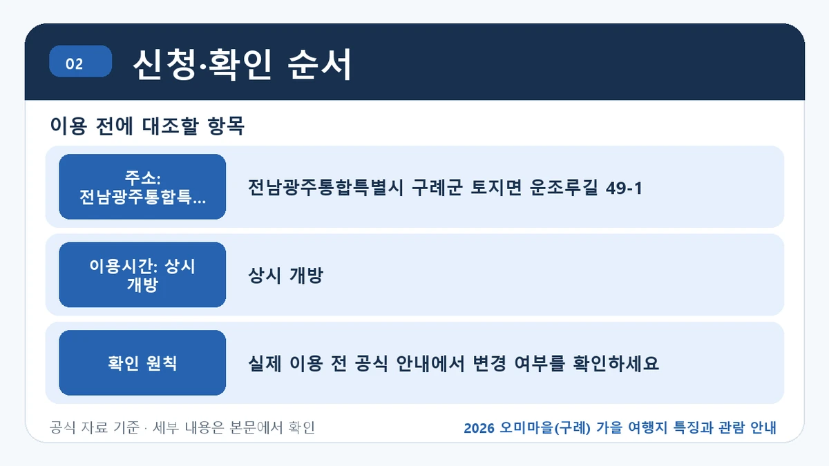 2026 오미마을(구례) 가을 여행지 특징과 관람 안내 신청·확인 순서 핵심 정보를 정리한 안내 이미지