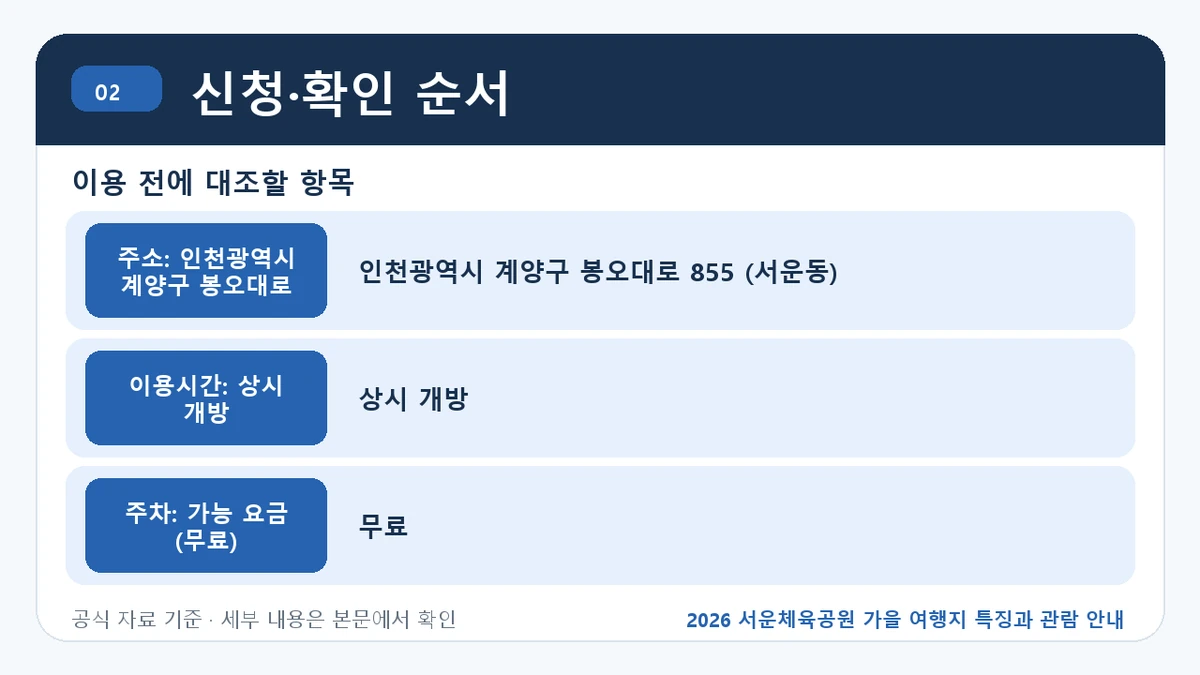 2026 서운체육공원 가을 여행지 특징과 관람 안내 신청·확인 순서 핵심 정보를 정리한 안내 이미지