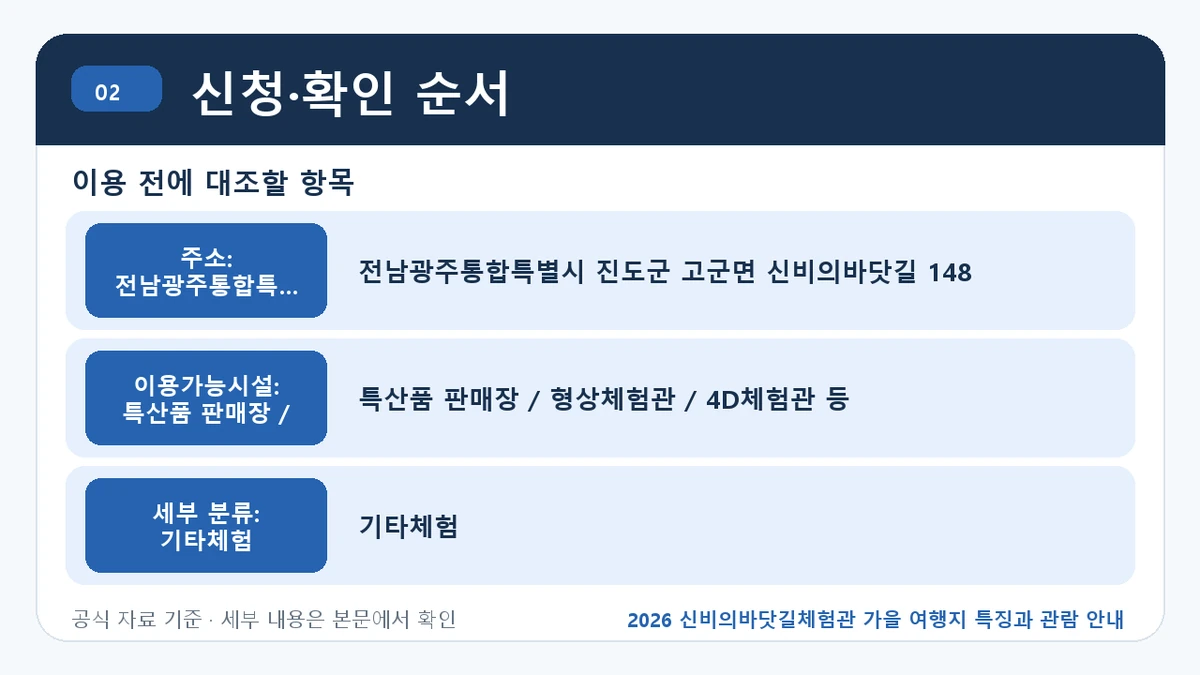2026 신비의바닷길체험관 가을 여행지 특징과 관람 안내 신청·확인 순서 핵심 정보를 정리한 안내 이미지