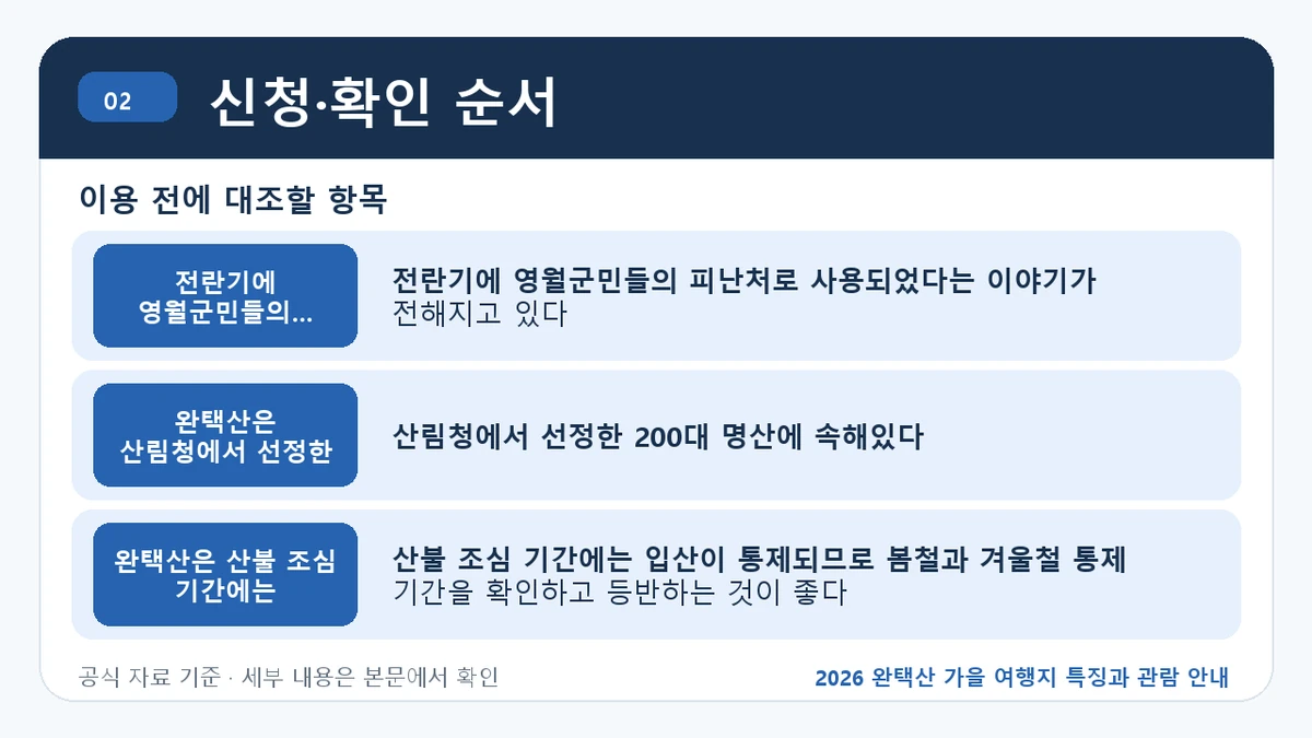 2026 완택산 가을 여행지 특징과 관람 안내 신청·확인 순서 핵심 정보를 정리한 안내 이미지